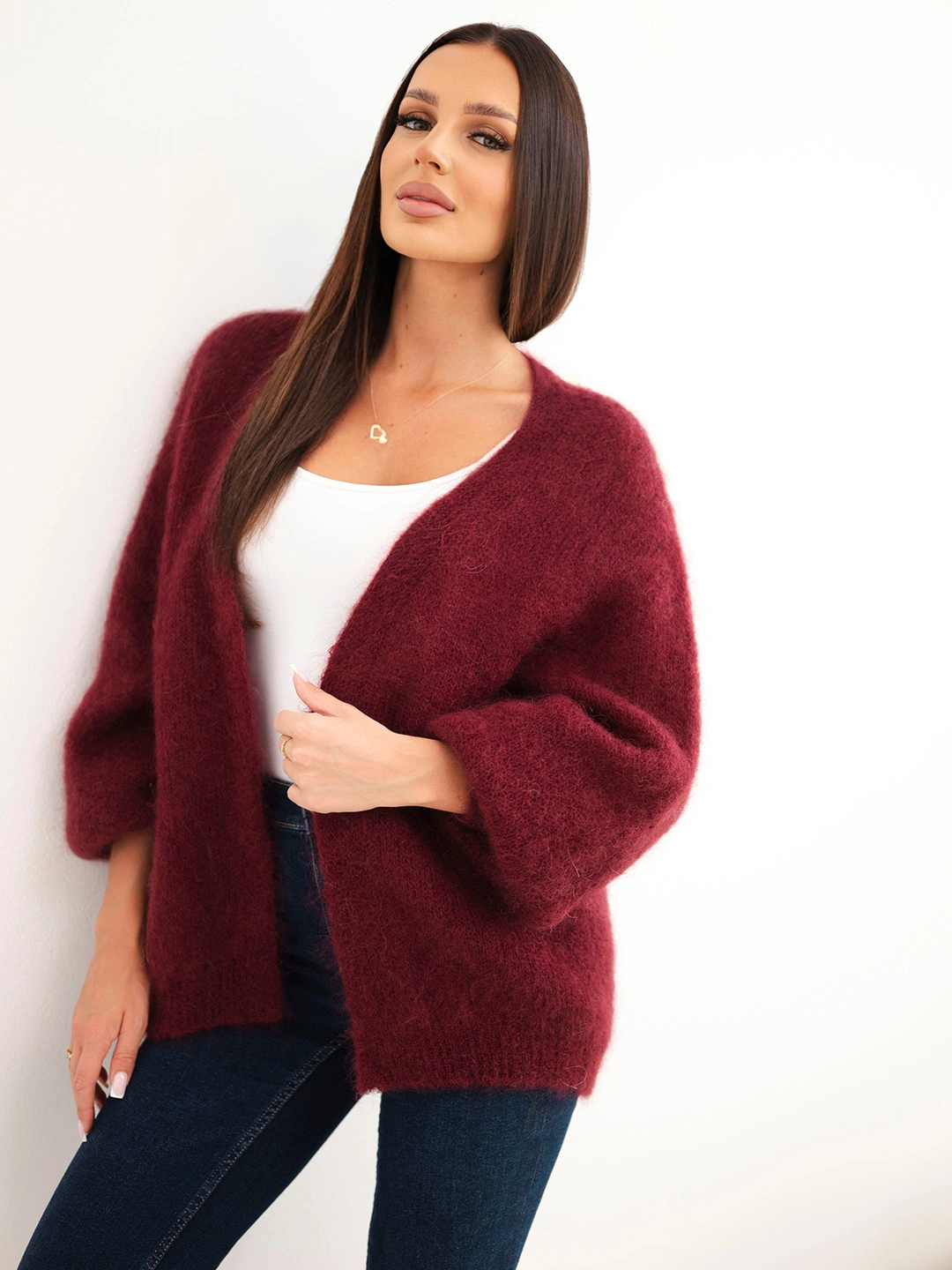 Sweter damski w 80% z kid moheru o luźnym fasonie bez zapięcia bordowy
