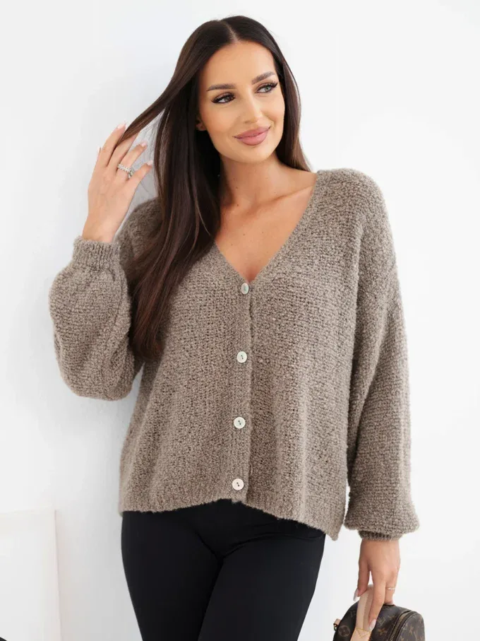 Sweter damski z wełną zapinany na guziki z dekoltem V fango