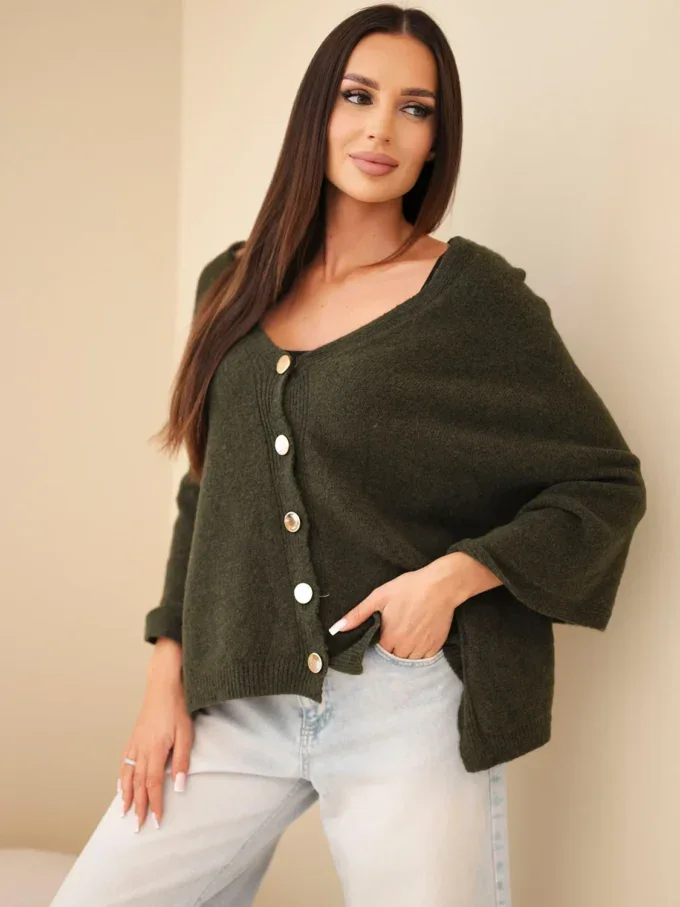 Sweter damski ponczo z baby alpaki z guzikami khaki