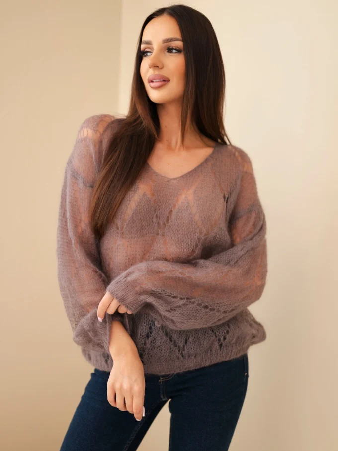 Sweter damski w 80% z moheru ażurowy z dekoltem V fango