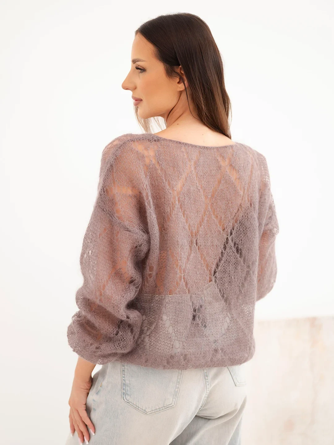 Sweter damski w 80% z moheru ażurowy zapinany na guziki fango - obrazek 3