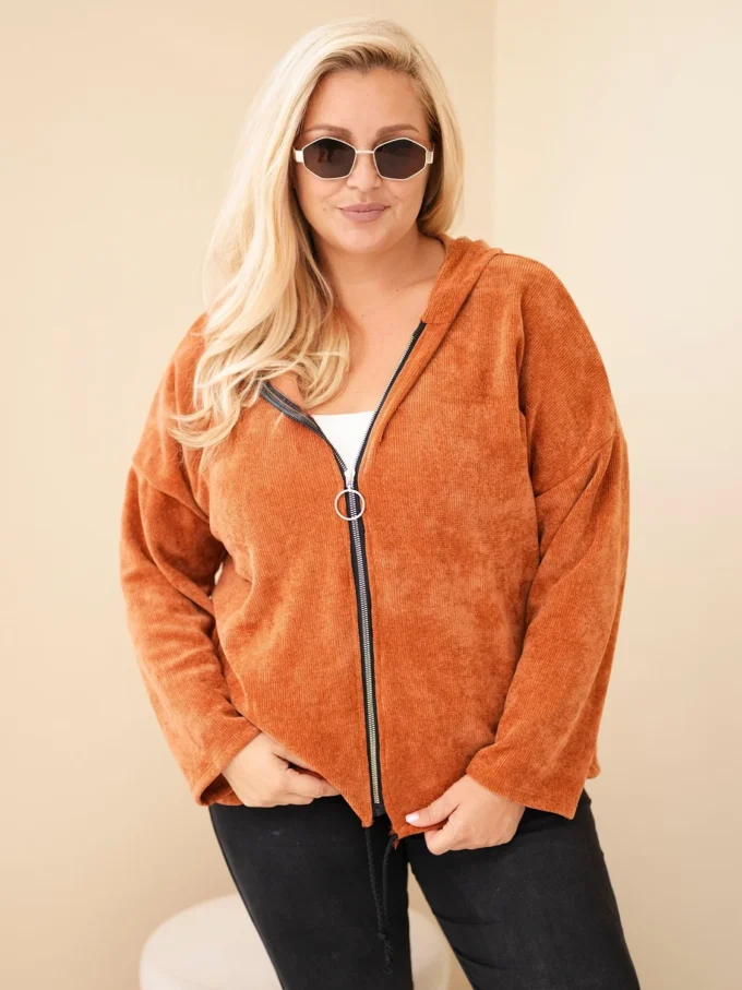 Bluza damska Plus Size sztruksowa z kapturem i zamkiem oversize ruda