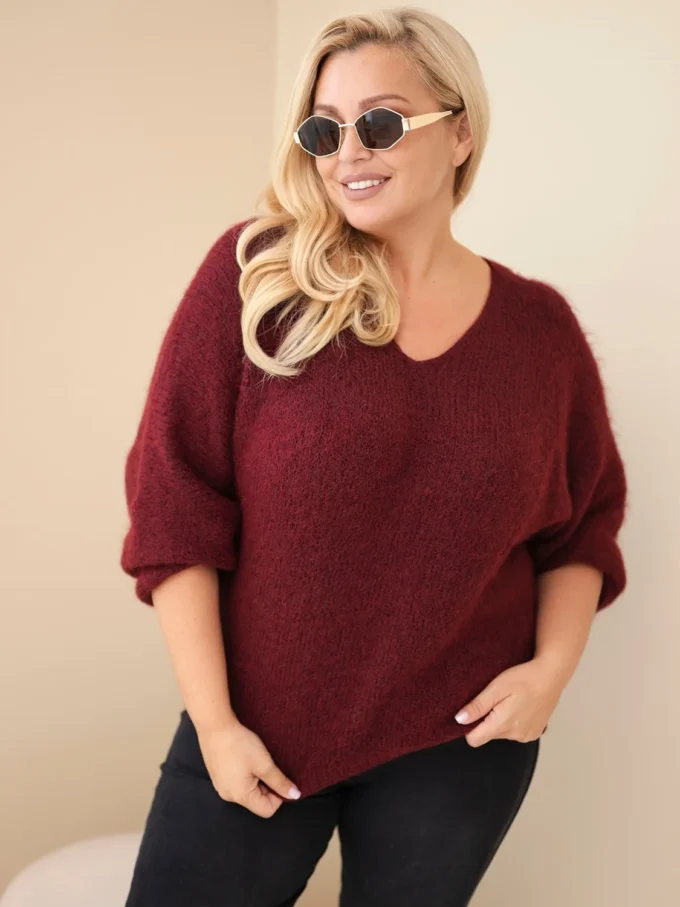 Sweter damski Plus Size z dekoltem V i szerokim rękawem bordowy