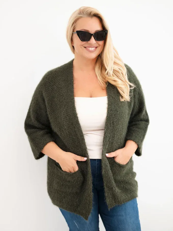 Sweter damski Plus Size z kieszeniami bez zapięcia khaki