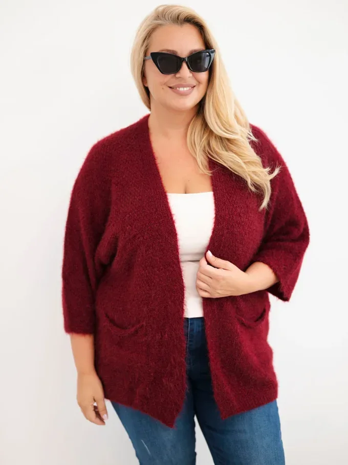 Sweter damski Plus Size z kieszeniami bez zapięcia bordowy