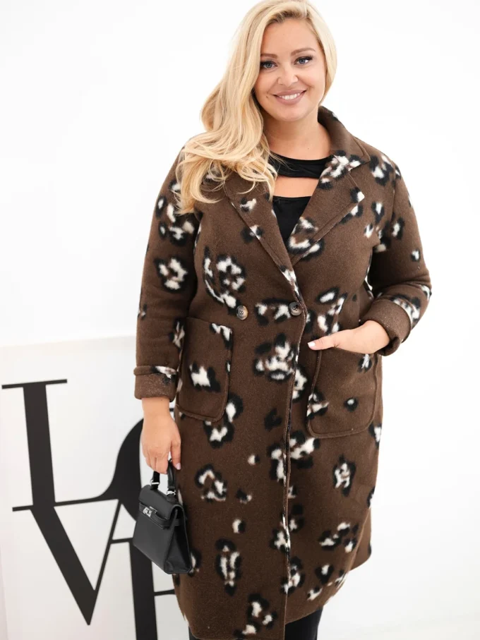 Płaszcz damski elegancki Plus Size w panterkę z klapami brązowy