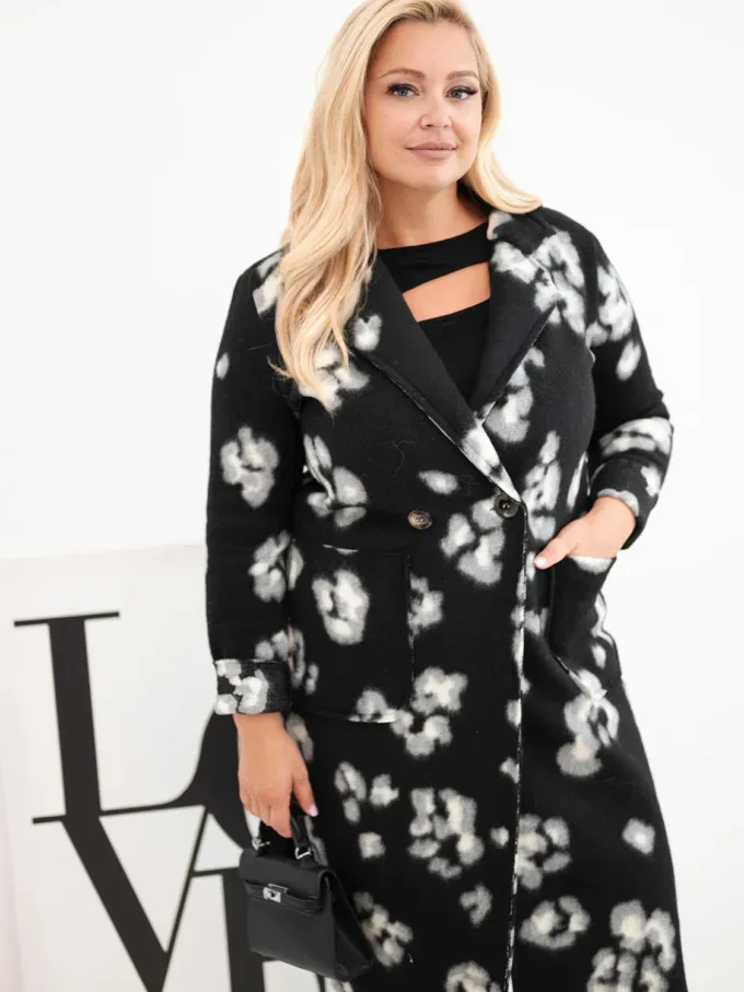 Płaszcz damski elegancki Plus Size w panterkę z klapami czarny