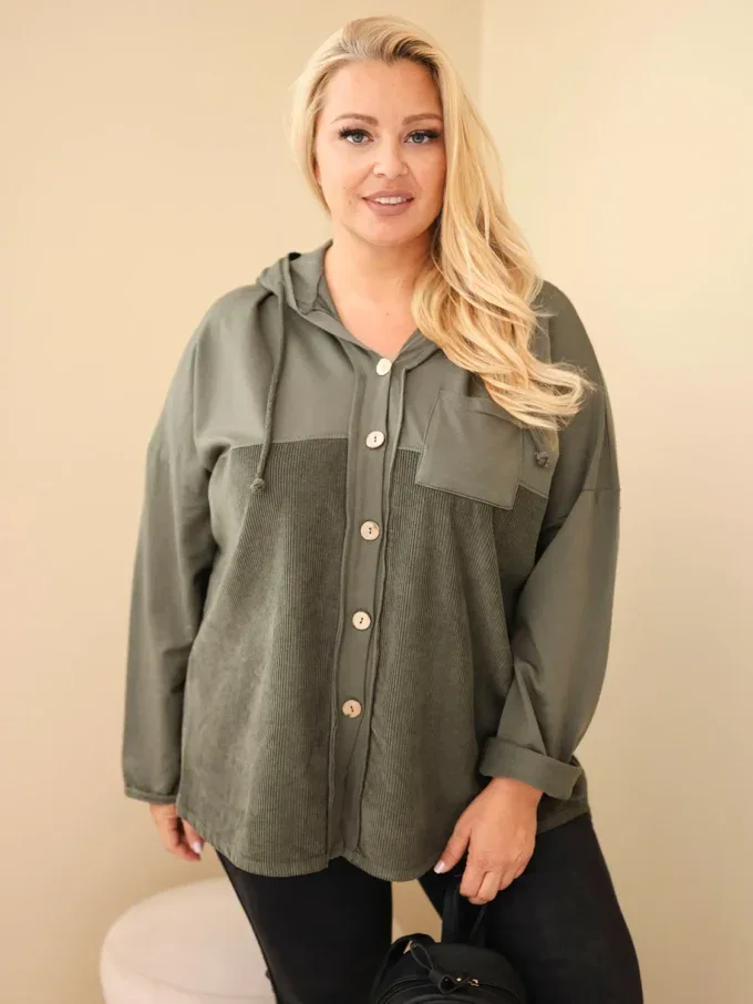 Bluza damska bawełniana Plus Size z kapturem i guzikami khaki