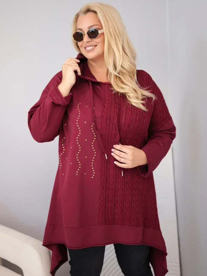 Bluza damska bawełniana Plus Size z kapturem i plecioną wstawką bordowa