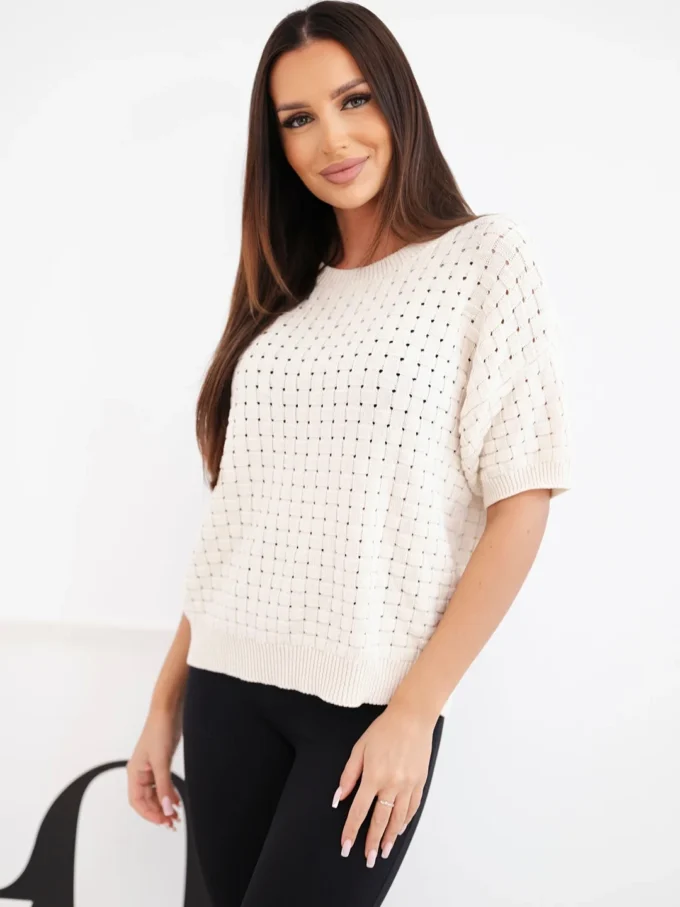 Sweter damski bawełniany ażurowy z krótkim rękawem beżowy