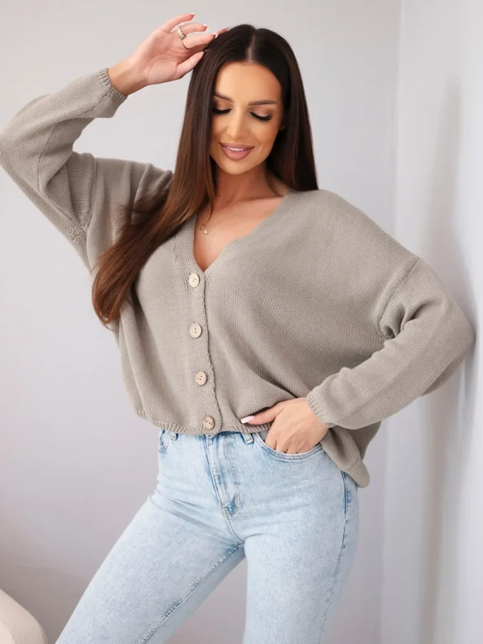 Sweter damski bawełniany oversize na guziki z dekoltem V fango