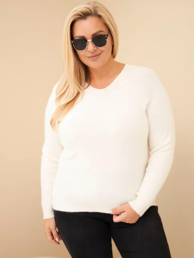 Sweter damski Plus Size z baby alpaki z długim rękawem ecru