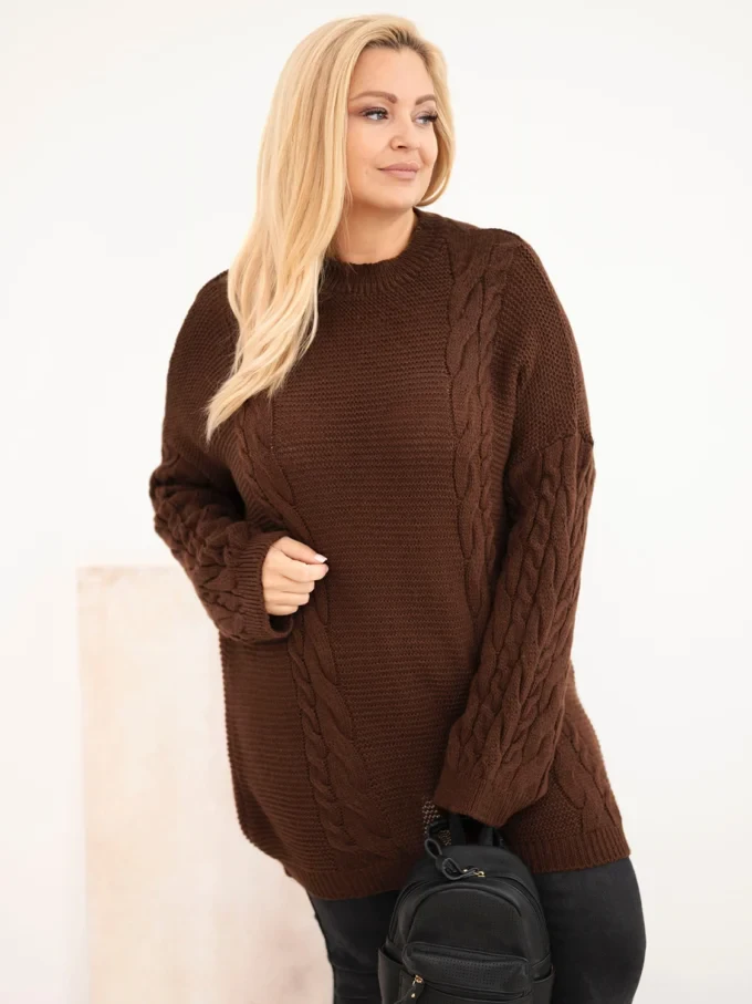 Sweter damski Plus Size z warkoczowym wzorem brązowy