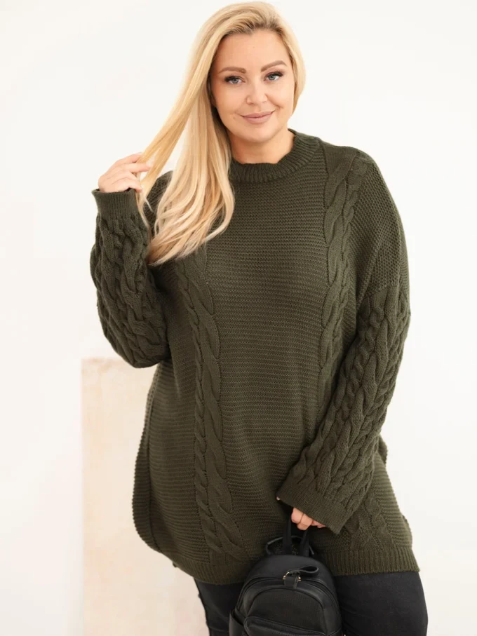 Sweter damski Plus Size z warkoczowym wzorem khaki