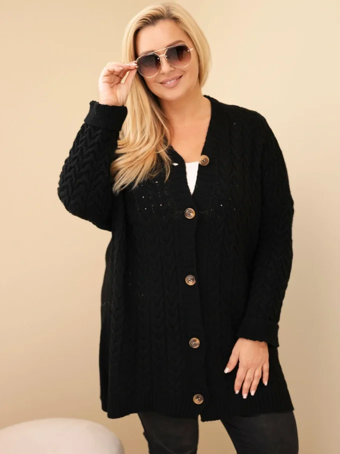 Kardigan damski Plus Size z guzikami i wzorem warkoczowym czarny