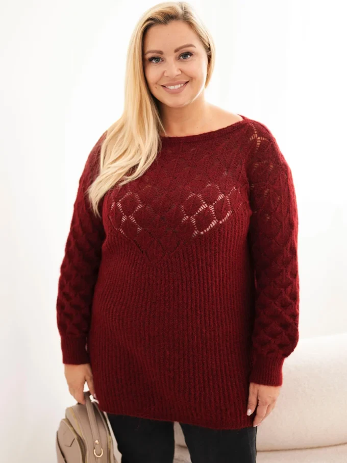 Sweter damski Plus Size z dzianiny ażurowy z długim rękawem bordowy