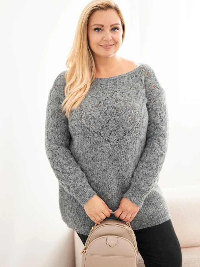 Sweter damski Plus Size z dzianiny ażurowy z długim rękawem grafitowy