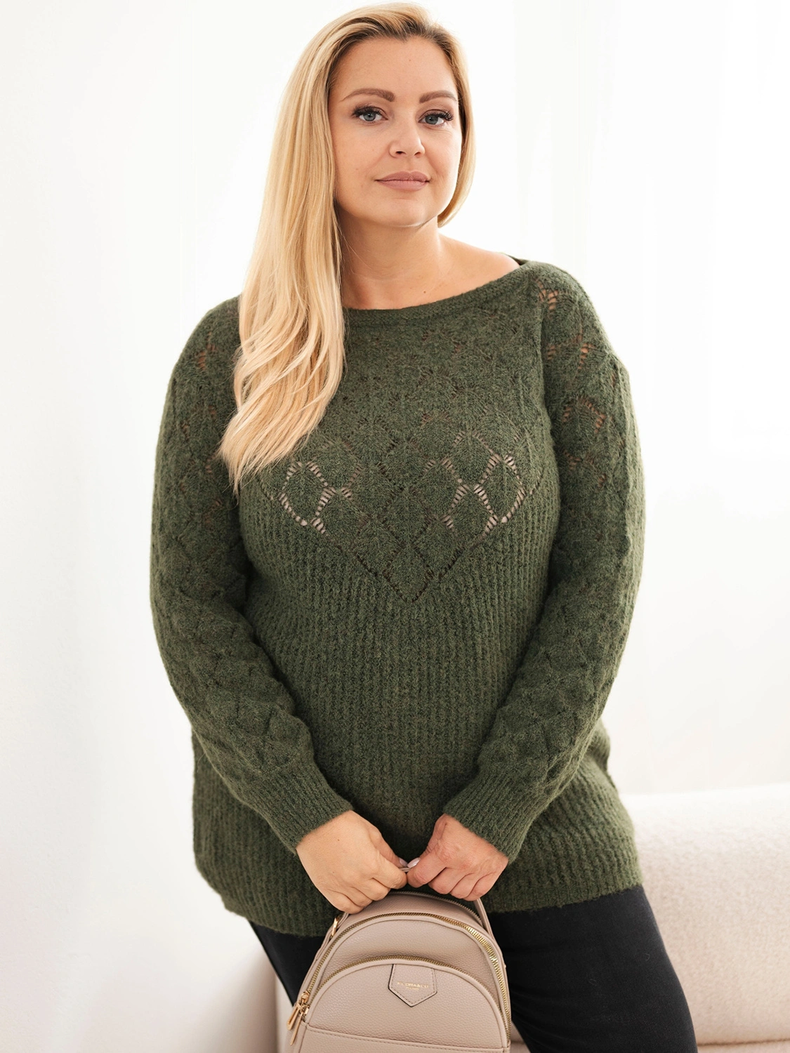 Sweter damski Plus Size z dzianiny ażurowy z długim rękawem khaki