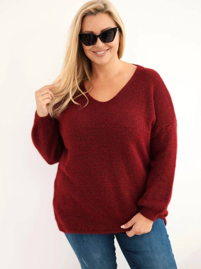 Sweter damski Plus Size z wełną z dekoltem V bordowy