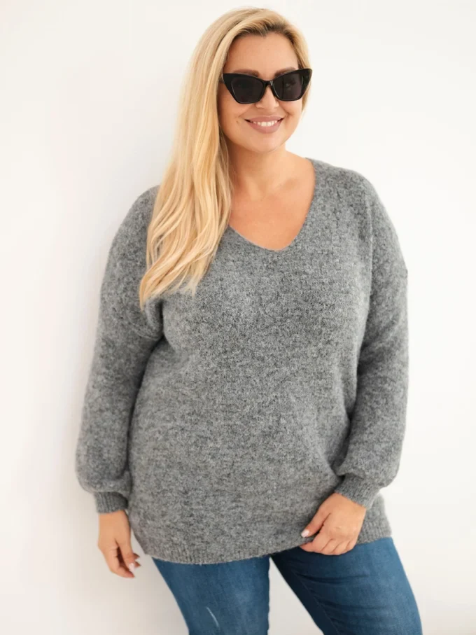 Sweter damski Plus Size z wełną z dekoltem V grafitowy