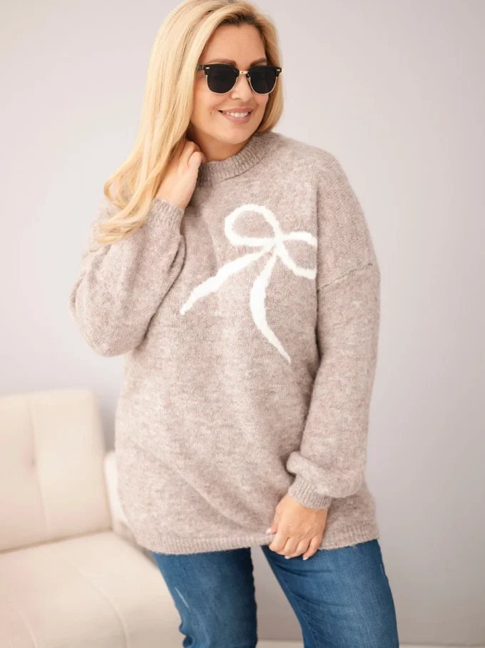 Sweter damski Plus Size z dodatkiem wełny z kokardą fango