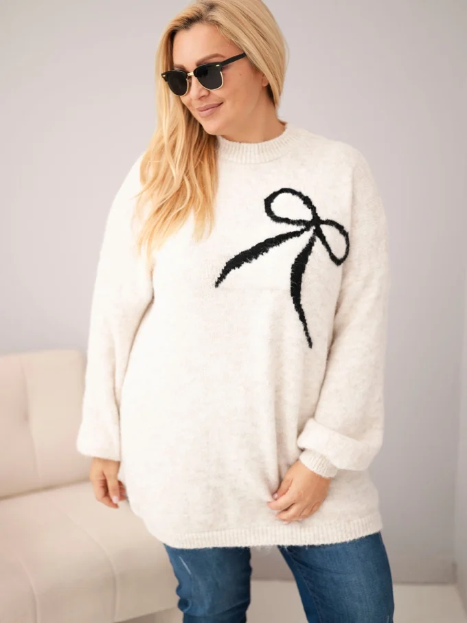 Sweter damski Plus Size z dodatkiem wełny z kokardą beżowy