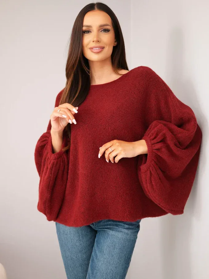Sweter damski z dodatkiem alpaki oversize bordowy