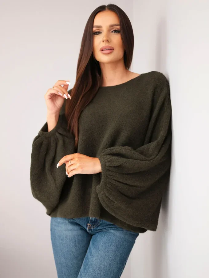 Sweter damski z dodatkiem alpaki oversize khaki