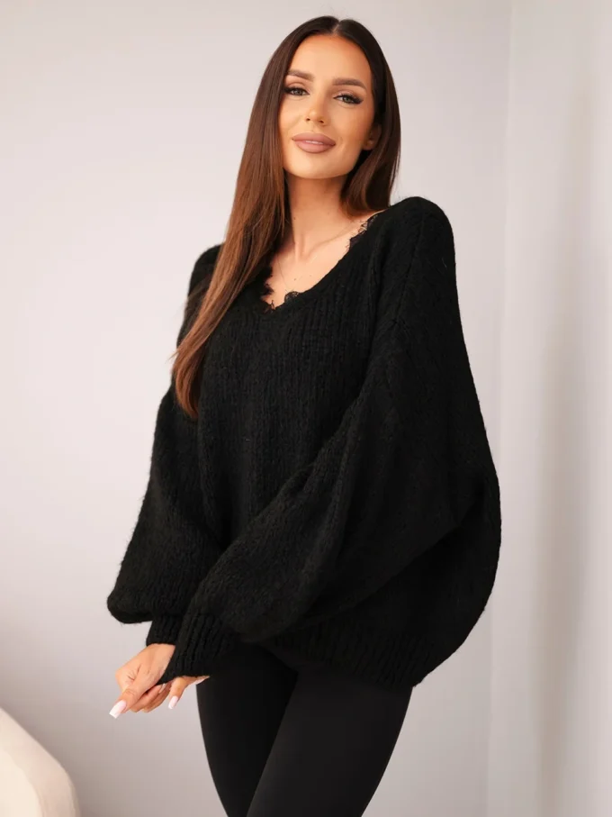 Sweter damski z dodatkiem wełny luźny fason czarny