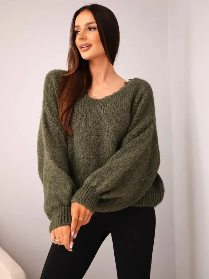 Sweter damski z dodatkiem wełny luźny fason khaki