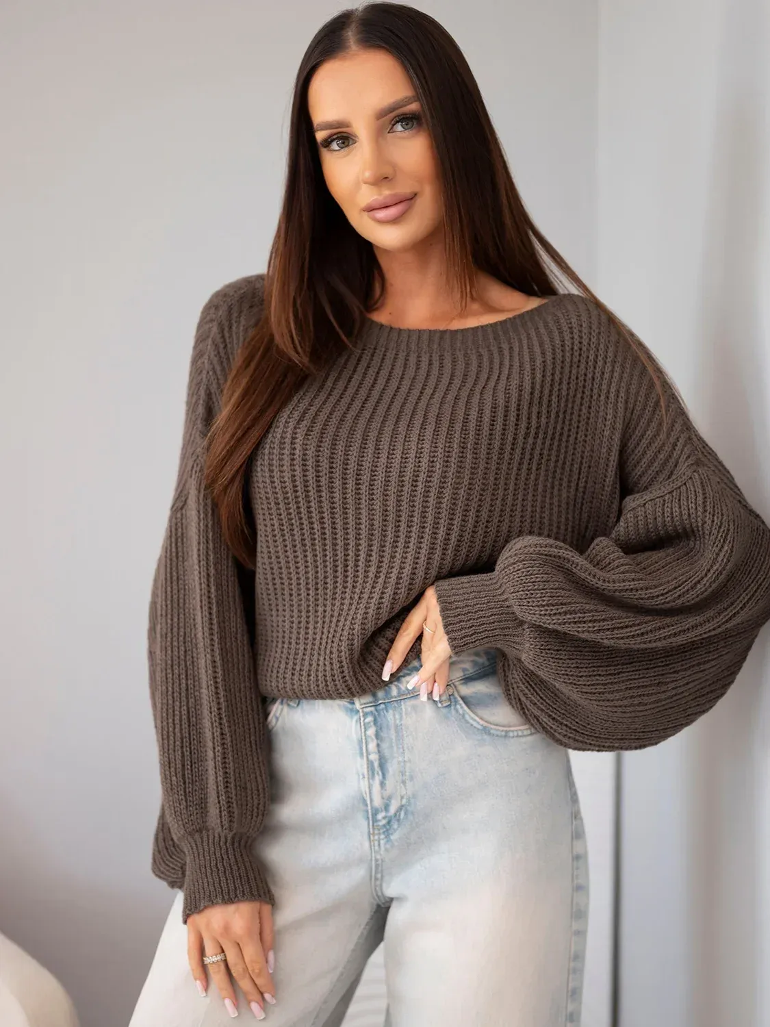 Sweter damski luźny prążkowany z długim rękawem fango