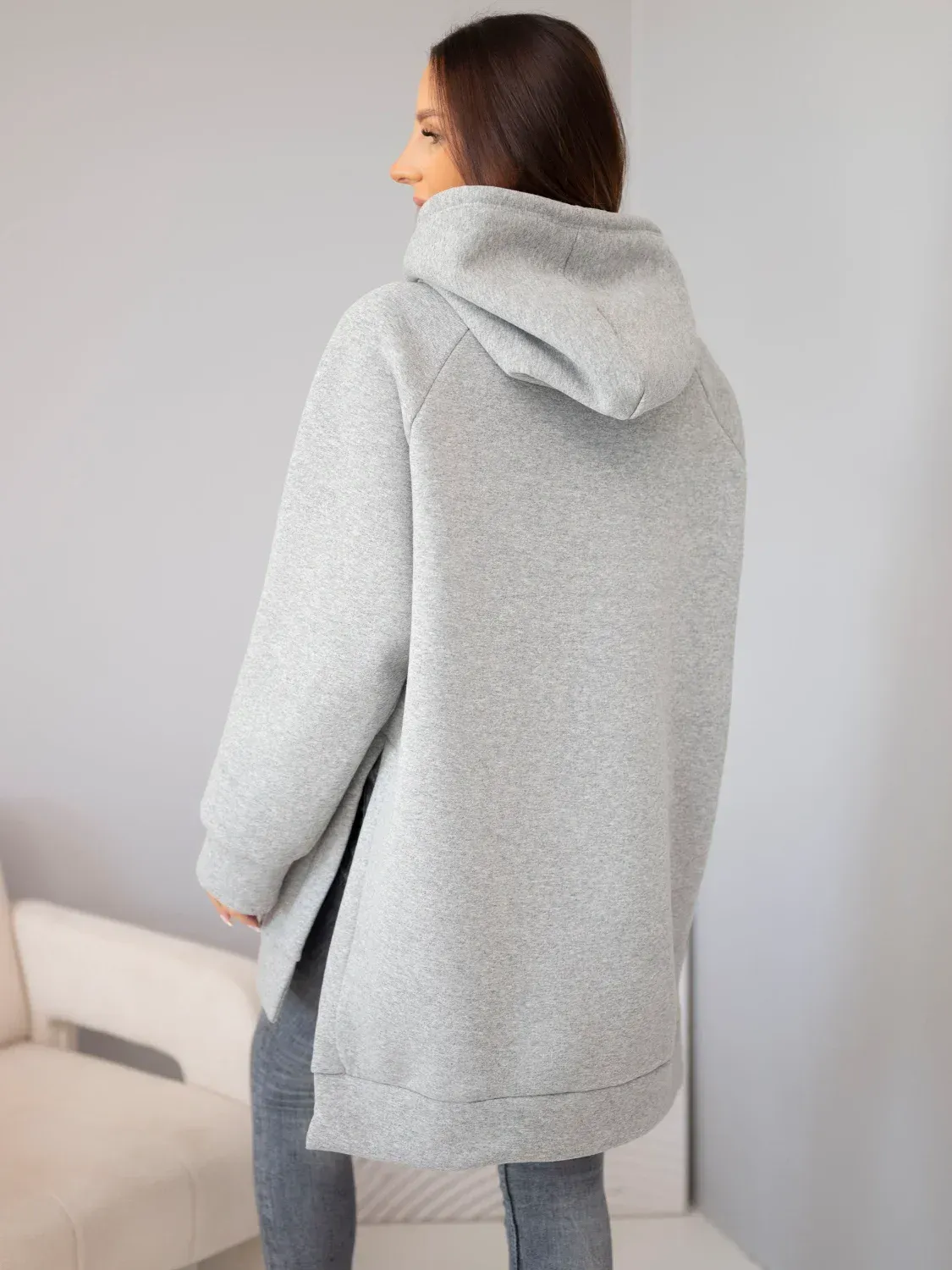Bluza damska oversize z bawełny z kapturem i kieszenią szara - obrazek 4