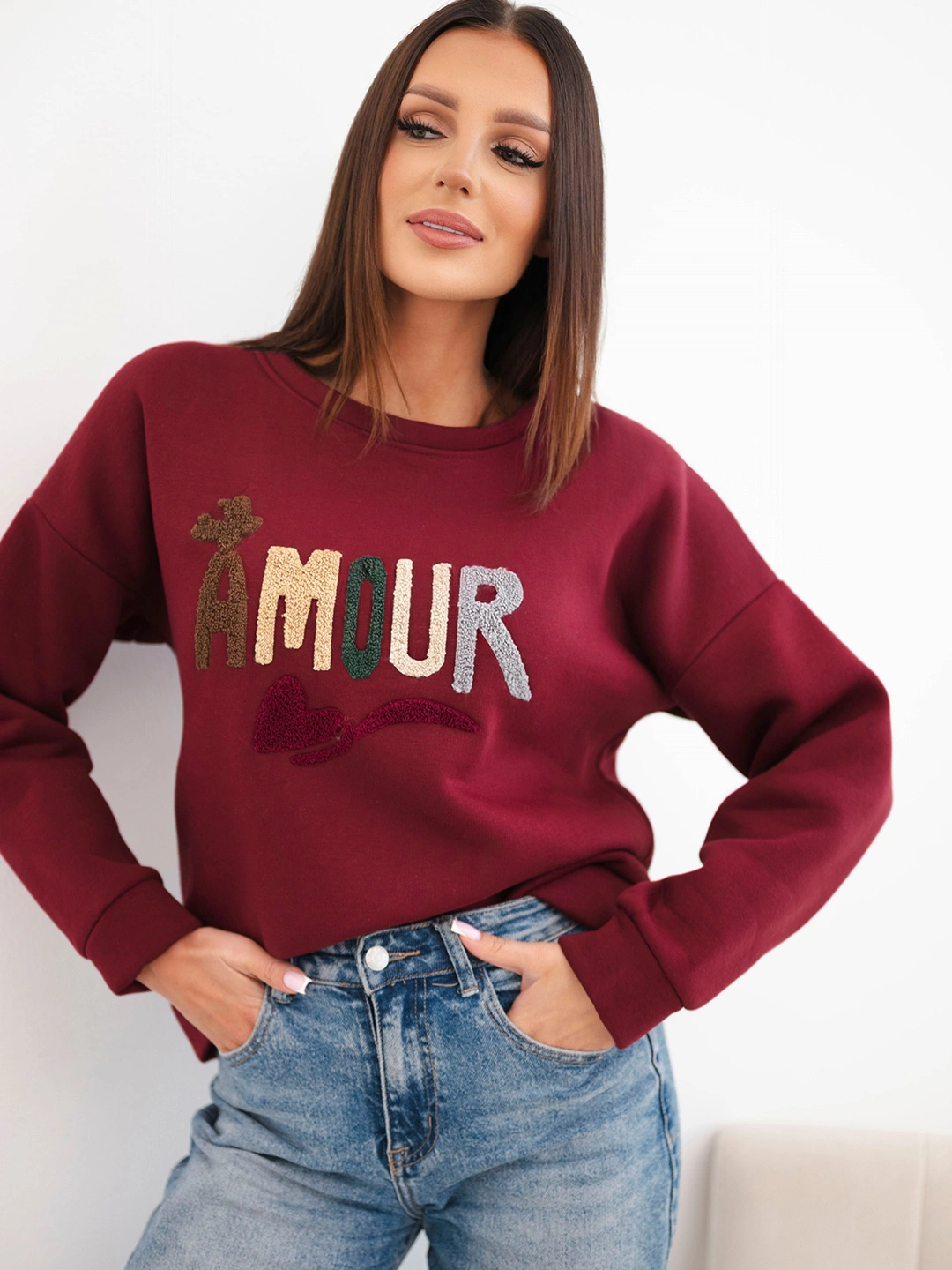 Bluza damska luźna z bawełny z haftem Amour bordowa